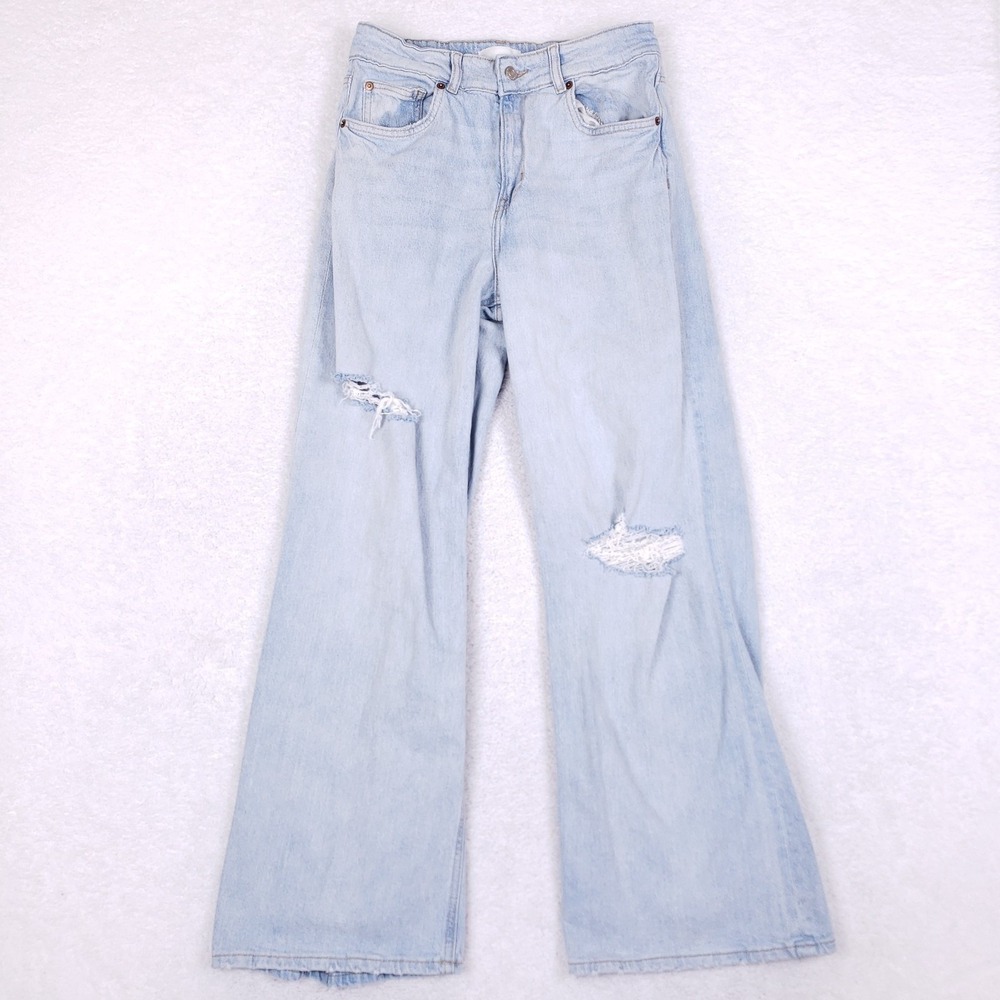 H&M Jeans 8 High Waisted Wide Leg Light Wash Distressed Baggy Y2K 90s Streetwear